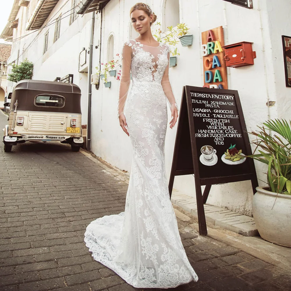 Женское кружевное свадебное платье с юбкой годе сексуальное длинными рукавами и