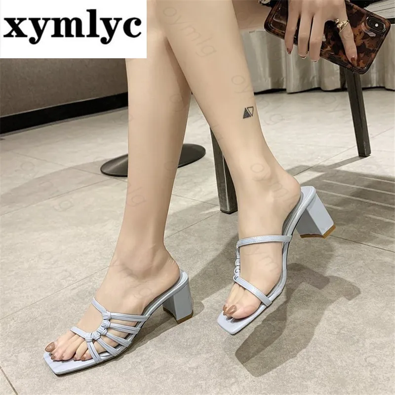 

Women Slippers Sexy High Heels Outdoor Slides Summer Female Square Toe Zapatillas De Casa 2021 Sapato Feminino