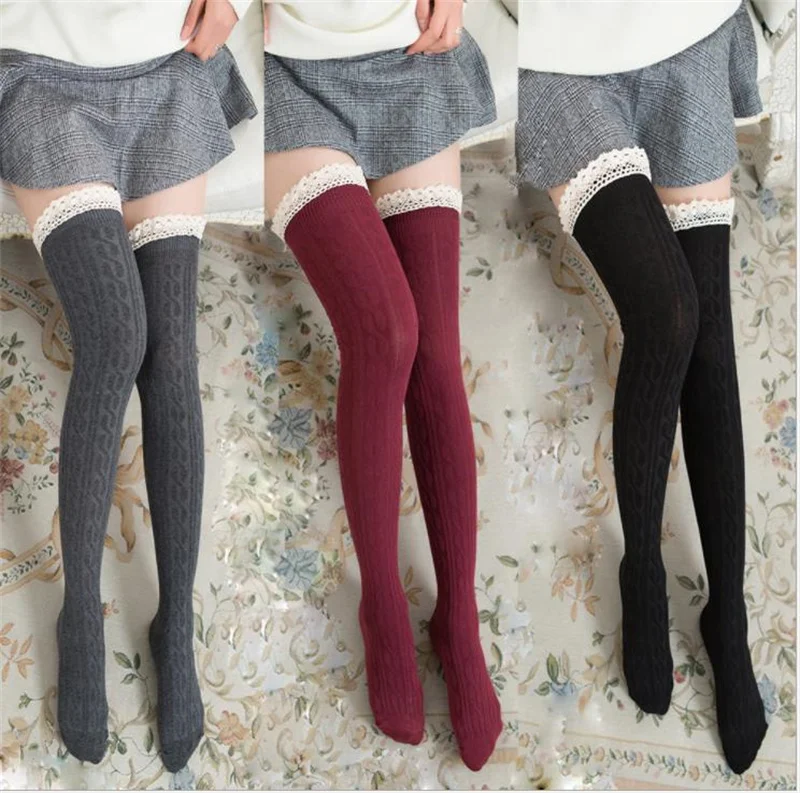 

CHRONSTYLE Lace Patchwork Long Socks Women Over Knee Thigh High Stockings Ladies Girl Knitted Floral Bodycon Warm Stockings 2021