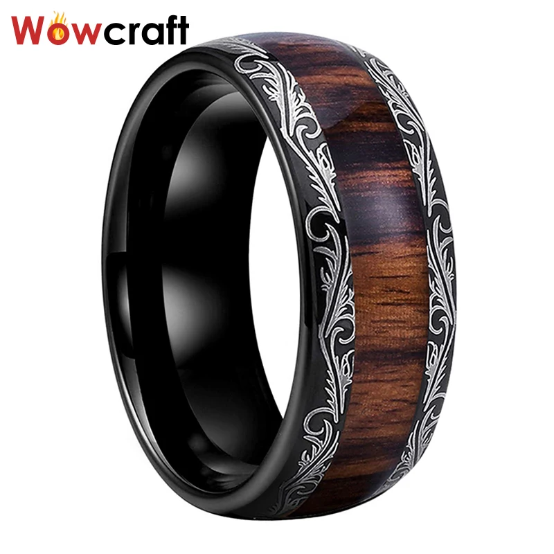 

8mm Men's Black Tungsten Carbide Wedding Band Koa Wood Inlay Floral Design Engagement Ring Comfort Fit