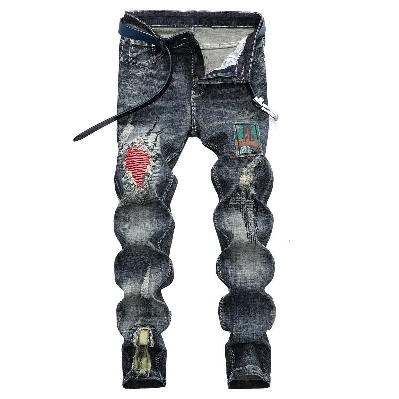 

Jeans men's nostalgic ripped patch motorcycle men's jeans 2020 spring and autumn men's lenstid pants