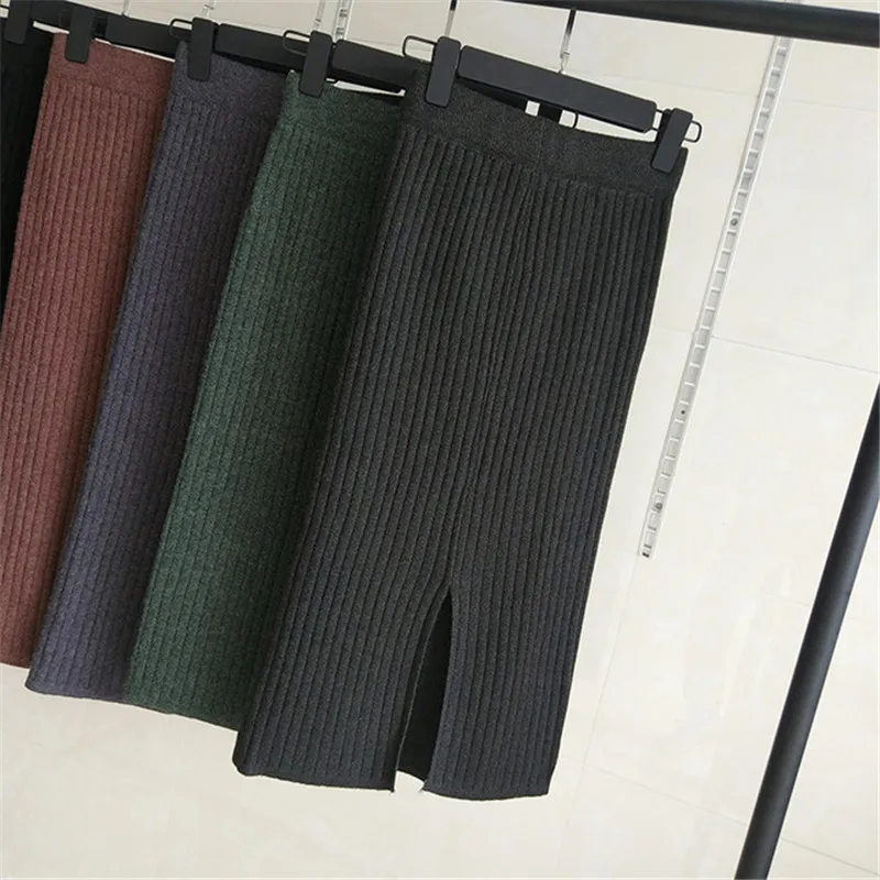 Вязаное изделие средней длины Разделение юбка женская с завышенной талией для