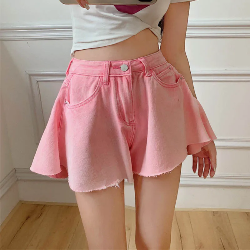 

JMPRS High Waist Women Denim Shorts Summer Loose A Line Wide Leg Jeans Korean Pink Sweet Chic Ladies Y2k Jean Shorts New 2021