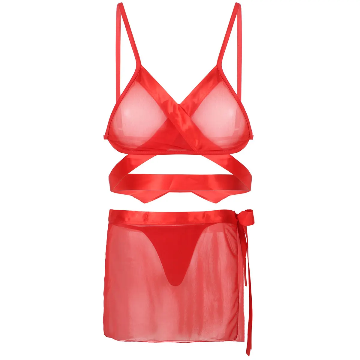 

3Pcs Womens Female See Through Sheer Mesh Tie-on Lingerie Set Outfit Around Bra Top with Tie Side Mini Skirt and G-string Briefs