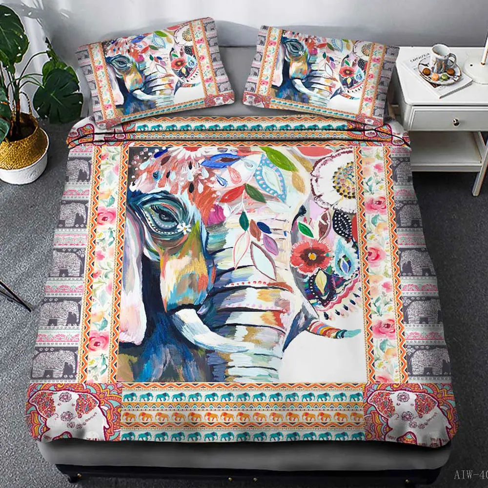 

Nation Elephant Bedding Set Queen Size Duvet Cover Single Double Lotus Flower Bed Cover Bohemian Floral Bedclothes 3pcs