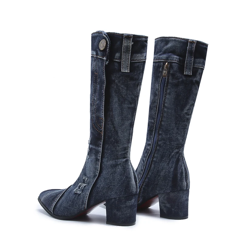 Женские джинсовые сапоги привлекательные Сапоги выше колена с острым носком