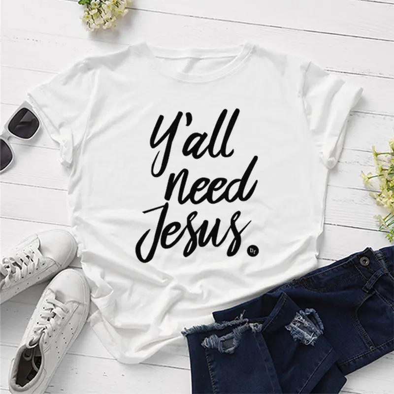 Yall need jesus, женские футболки с коротким рукавом, хлопок, футболки с забавным буквенным принтом, графическая женская футболка с круглым вырезом, Прямая поставка