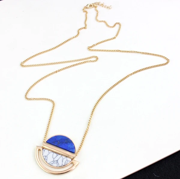 

New Occident Fashion Jewelry Long Chain of White Natural Stone Lapis Lazuli Pendant Necklace Alloy Chain Necklace