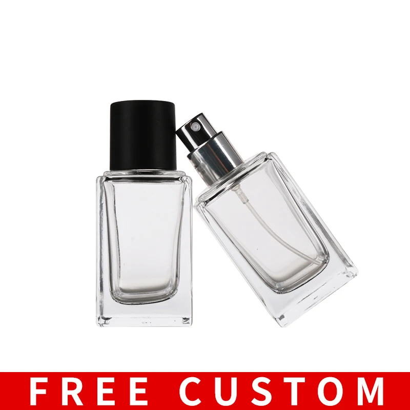 

Бесплатный логотип на заказ, портативный квадратный пустой косметический контейнер 35 мл, прозрачный стеклянный флакон для духов с распылит...