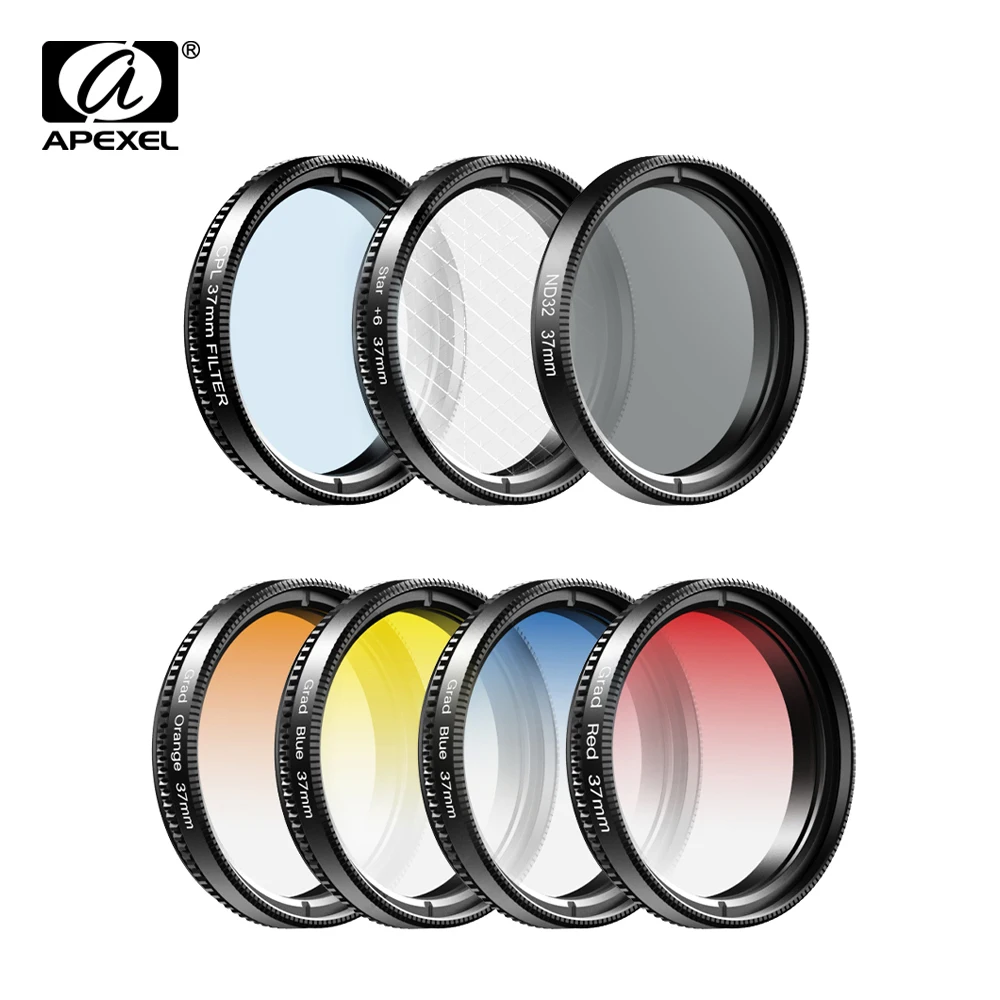 APEXEL-Kit de lentes para cámara de teléfono, 0,45x de ancho + 37mm, filtros rojo y azul + CPL ND32 + filtro de estrella para iPhone y huawei, todos los teléfonos inteligentes