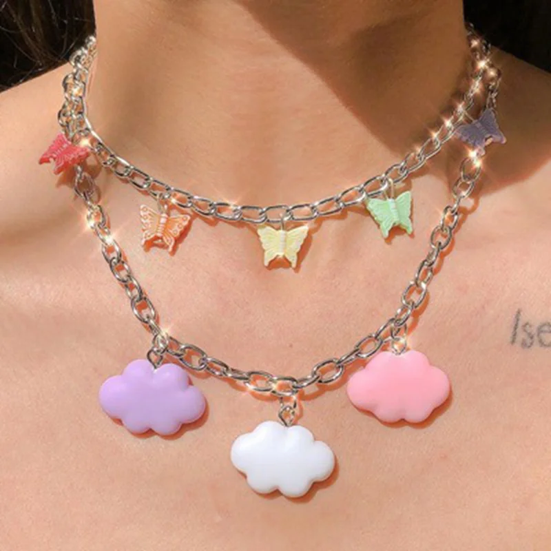 

Vintage Multi-layer Pendant Choker Necklace for Women Butterfly Cloud Round Coin Geometric Charm Party Jewelry Boho Girls Gifts