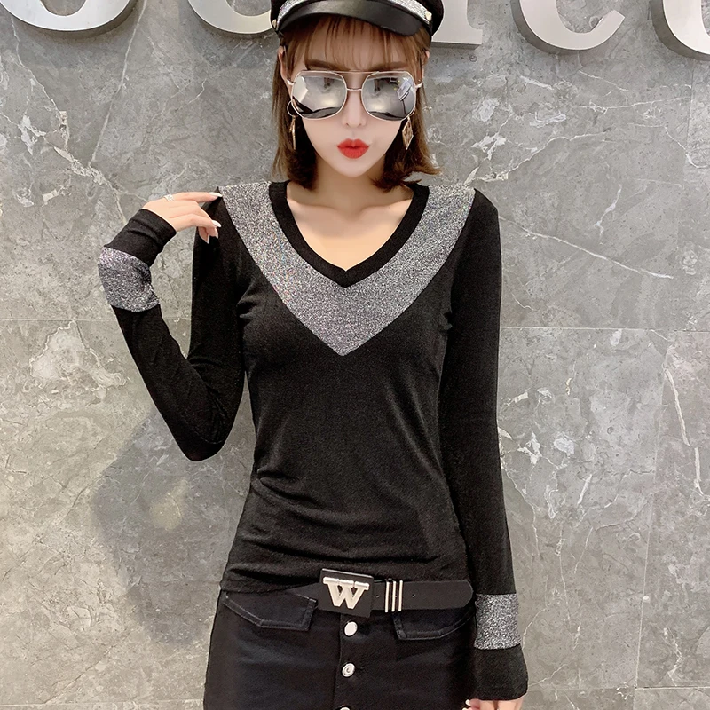 Женский Блестящий пуловер в стиле пэчворк с v-образным вырезом европейском на