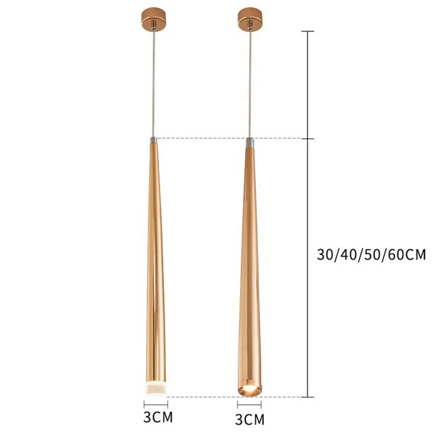 

40/60CM Nordic Golden Cone Long Tube LED Pendant Light Cafe Bar Shop Counter Island Pendant Lamps Kitchen Bedside Hanging Light