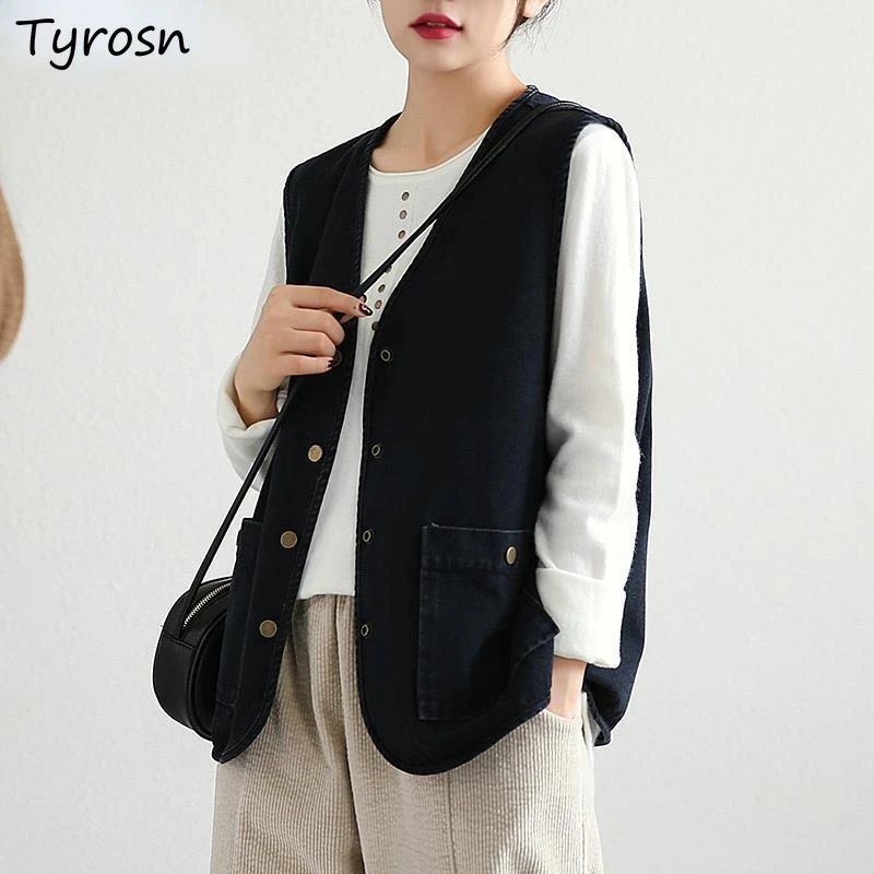 

Джинсовый жилет для женщин, универсальная Повседневная однобортная простая винтажная верхняя одежда в стиле ретро, Харадзюку, с V-образным вырезом, уличная одежда на осень