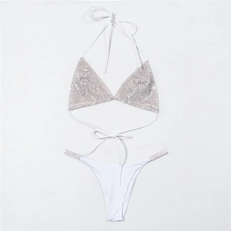 Luxury Rhinestone Bikini Sliver Set Crystal Diamond Sexy Women Swimsuit Halter Push Up Girls Swimwear Bikini Set White - Цвет: Белый