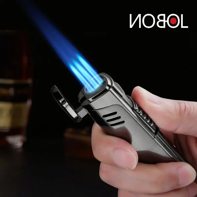 

Three Flame Straight Cigar Lighter Metal Windproof Comes With Cigar Cutter And Visual Air Chamber Men's Spray Gun Gadget