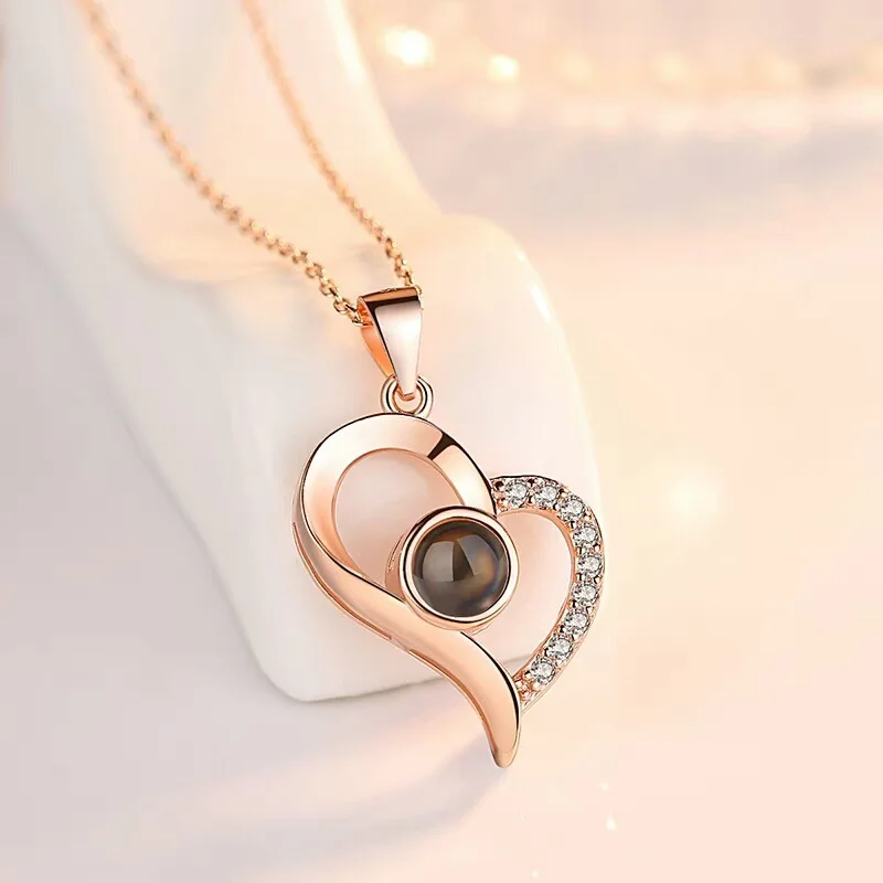 

100 Languages I Love You Projection Necklace Pendant Clavicle Chain Romantic Couple Necklace