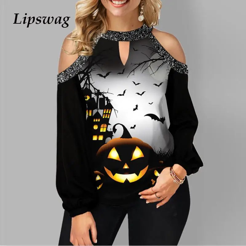 

2021 Spring Autumn Halloween Pumpkin Print Tops Pullover Women Shoulder Halter Long Sleeve T Shirts Casual Tee Shirt Mujer
