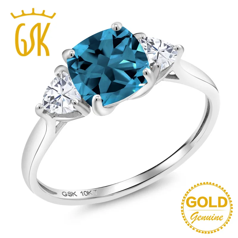 GemStoneKing 10K белое золото кольцо Подушка Лондон Голубой топаз создан Moissanite 0.46ct роса