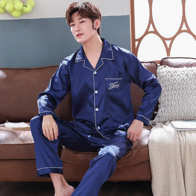 

4Color Men's Autumn Viscose Fiber Long Sleeve Long Pants Leisure Tops Loose Thin Artificial Silk Top and Pants Suit Men Pajamas