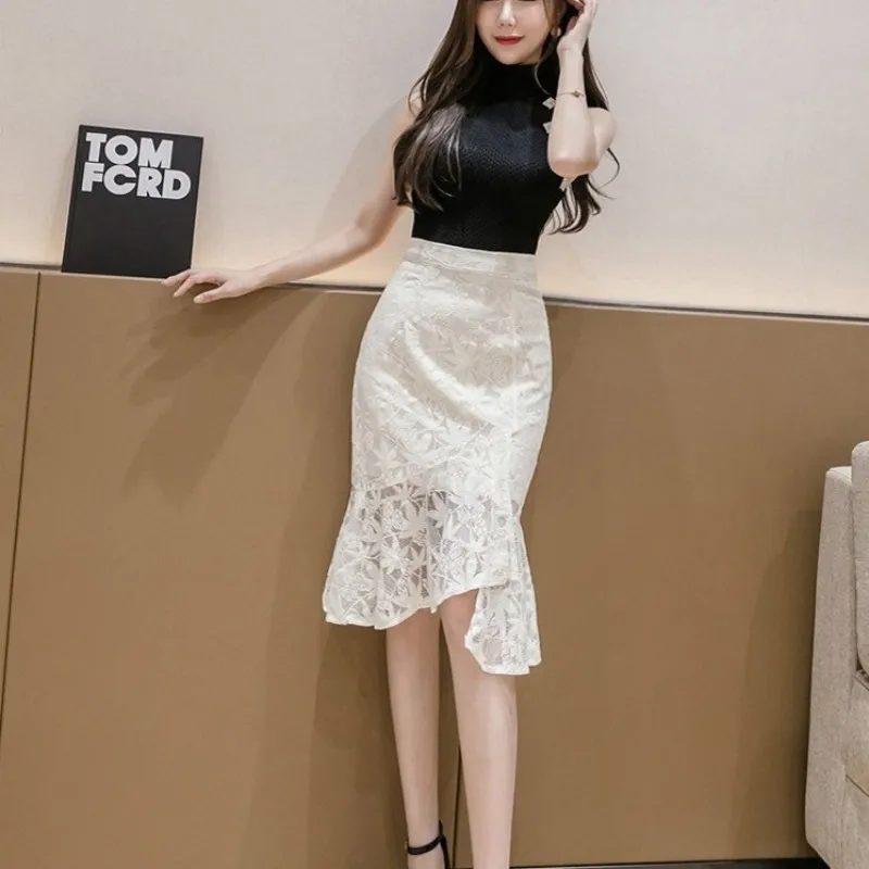 

Summer High Waist Slim Fit Mermaid Skirt Women Asymmetrical Knee Length Wrap Black White Lace Skirts Fashion Lady Elegant Skirts