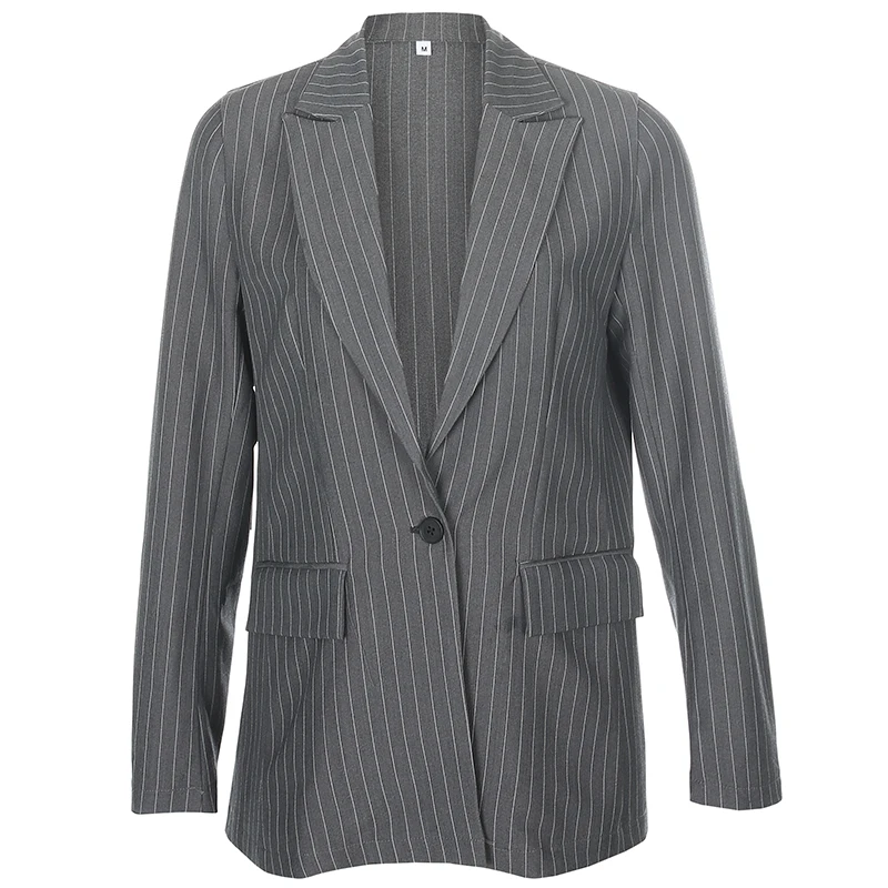 

DropShipping Striped Blazer Women Casual Long Sleeve Suits Female Autumn Notched Collar Outerwear Pocket Office Ladies Streetwea