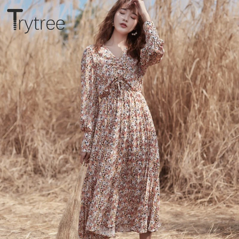 

Trytree 2020 Spring Autumn Women Casual V-neck Dress Vintage Print A-line Dress Drawstring Fashion Elegant Mid-Calf Dress