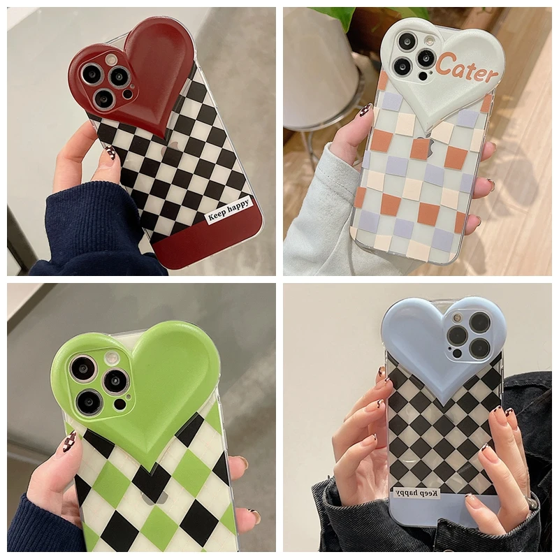 

Lens Protection Phone Case For iPhone 13 12 Mini 11 Pro XS Max XR 8 7 Plus Love Heart Shape Fashion Checkerboard Grid Soft Cover