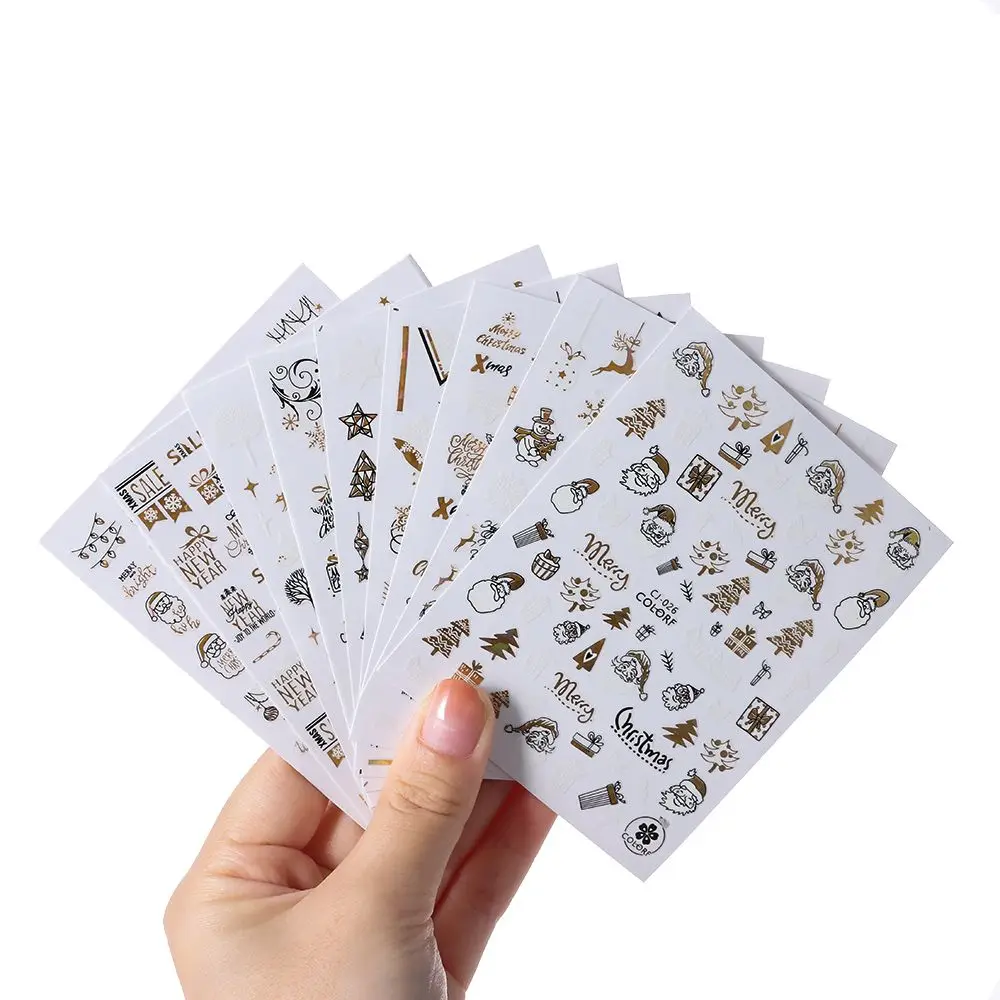 

1PC Polish New Year Xmas Santa Claus Elk Nail Stickers Holographics Gold White 3D Glitter