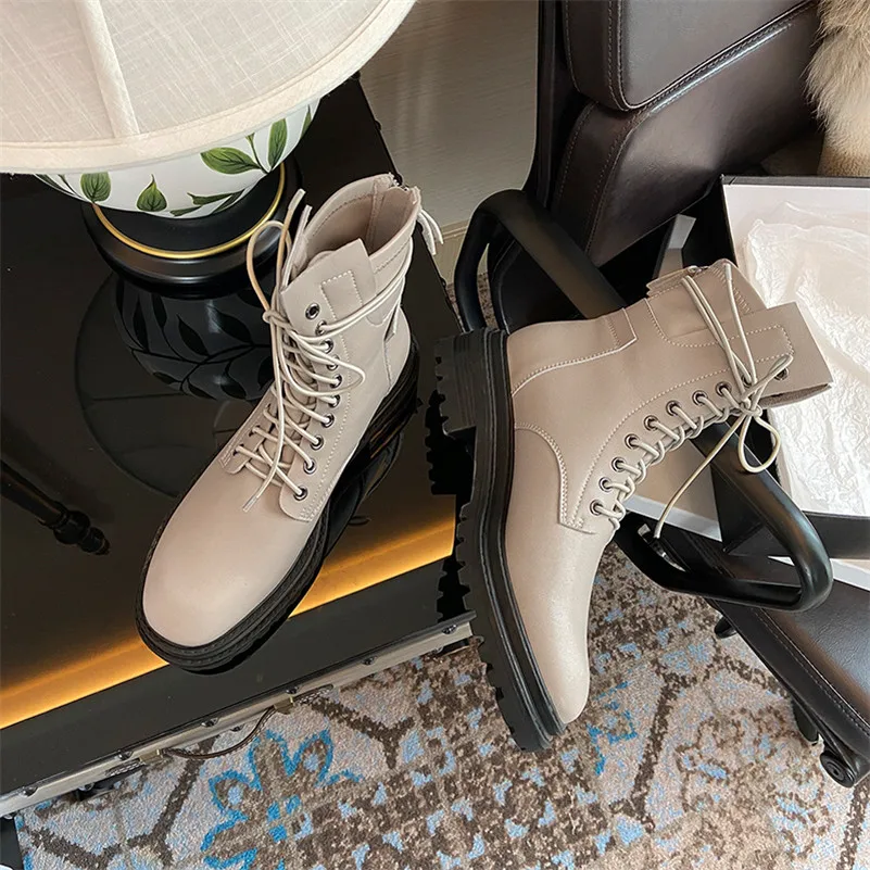 

Meotina Genuine Leather Motorcycle Boots Woman Platform High Heel Ankle Boots Block Heel Shoes Lace Up Female Short Boots Black