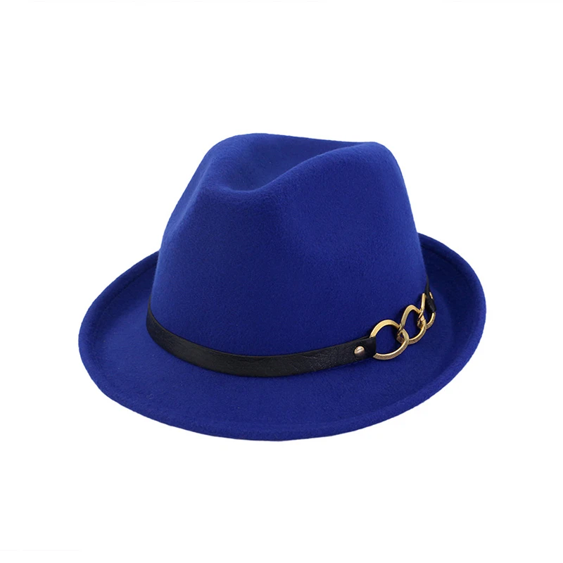 Royal Blue fedora FS, мужские, женские, шерстяные шапки-трилби с цепочкой на поясе, цвета хаки, красные, черные, зимние, Осенние, рулонные, для официальных вечеринок, шерстяные фетровые шляпы, унисекс - Цвет: Royal Blue fedora