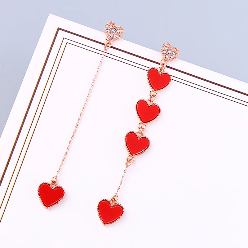 kissme Asymmetric Unique Red Acrylic Crystal Little Hearts Long Dangle Earrings For Women Gifts Rose Gold Color Fashion Jewelry | Украшения