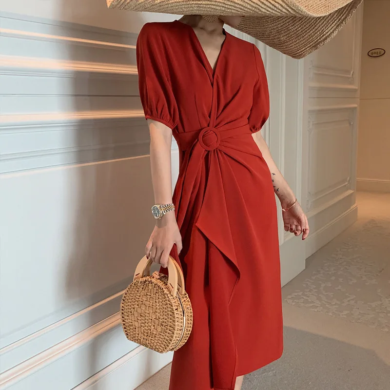 Сетчатое красное платье в том же стиле лето 2020 новинка v-образный вырез шнуровка