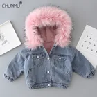 Зимняя джинсовая куртка для маленьких девочек теплая верхняя одежда с капюшоном и меховым воротником для маленьких девочек модная детская парка для маленьких девочек
