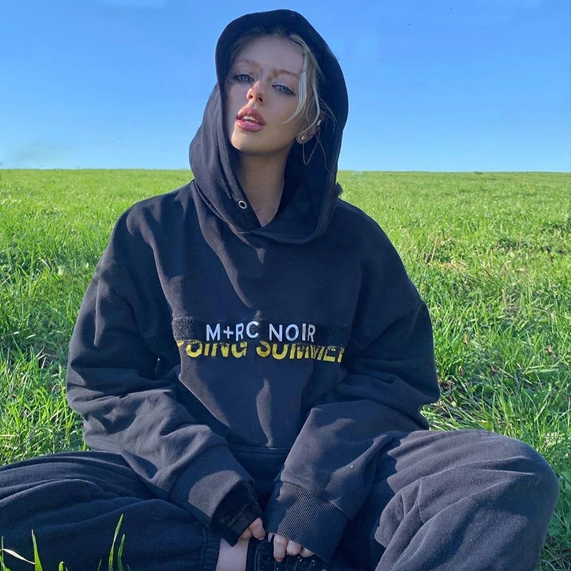 

High street pocket street hooded sweater Harajuku casual retro cartoon print black oversize American round neck warm loose