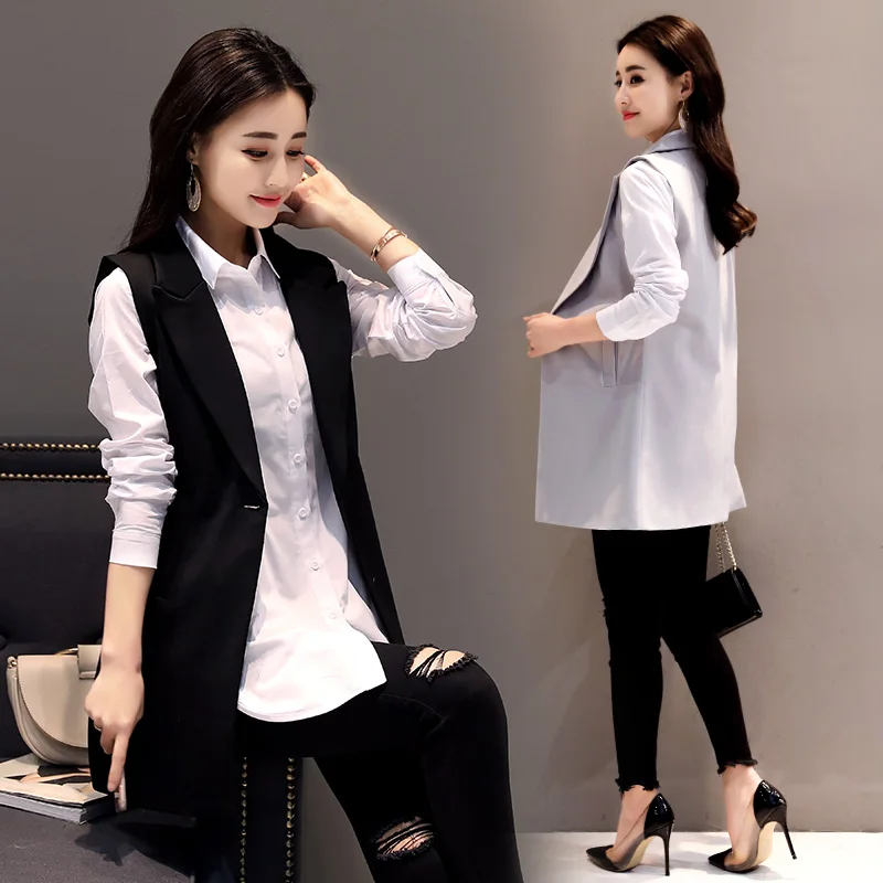 

Classic Long Vest Women Elegant Suit Vest Spring Autumn Sleeveless Jackets Outerwear Office Lady Slim Waistcoat