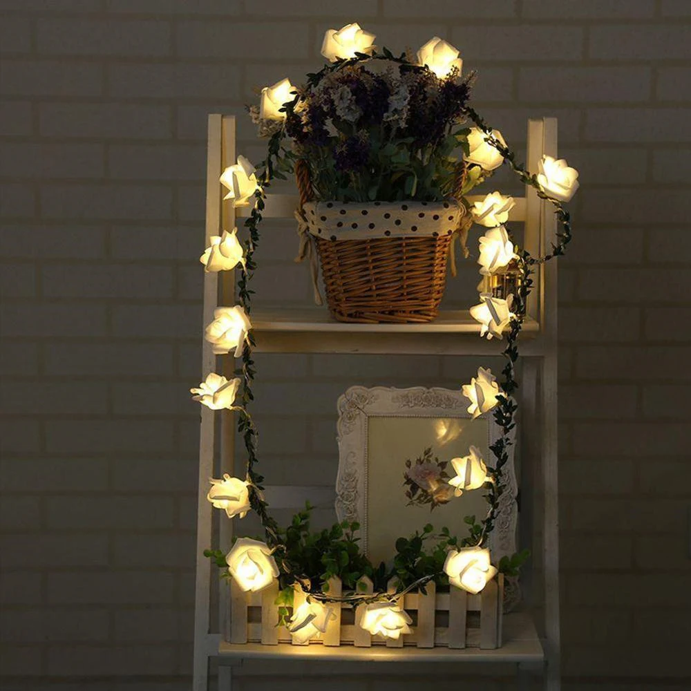 

20/40leds Rose Flower LED Fairy Light Green Leaf Flowers Vine Lights For Indoor Outdoor Garland Wreath Garden Decor
