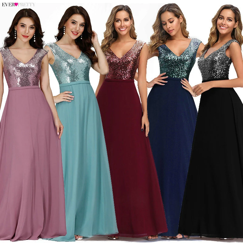 Ever Pretty бургундские блестящие Выпускные платья Длинные трапециевидные с v