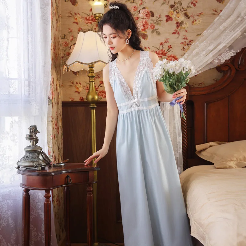 

Ladies Summer Sling Nightdress Cotton Princess Palace Style Sleepwear Sexy V-neck Sleepshirts Retro Sweet Lace Loose Nightgowns