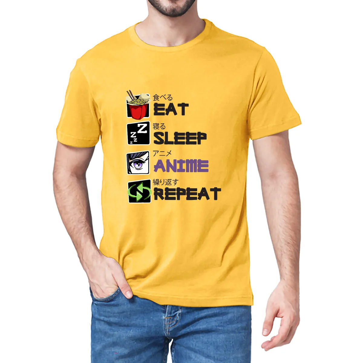 

Unisex Cotton Eat Sleep Anime Repeat Funny Japanese Gift for Anime Fan Funny Summer Men's Novelty T-Shirt Women Casual Tee