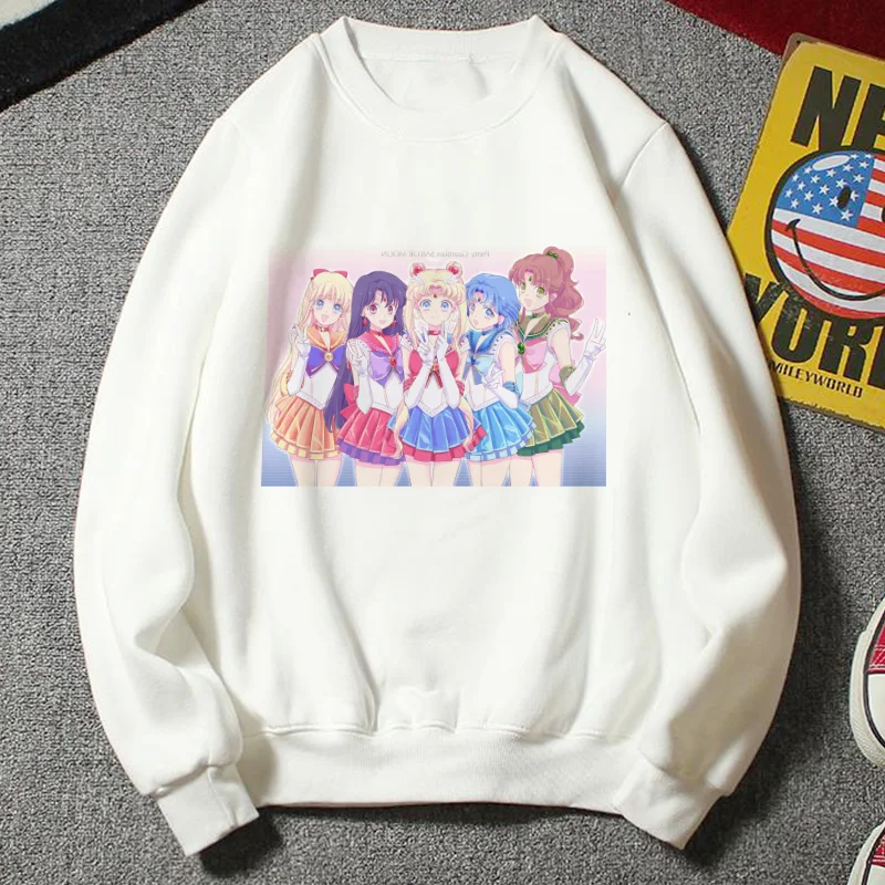 Новая толстовка женская Kawaii Мода плюс размер повседневная одежда Harajuku Мультфильм Ulzzang стиль Сейлор Мун Толстовка забавная половина Толстовка