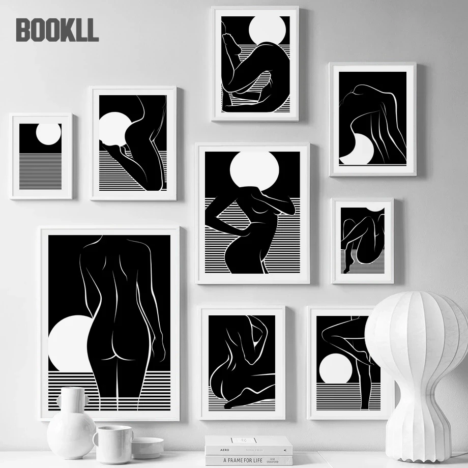 

Nordic Style Abstract Black And White Line Sexy Woman Moon Nude Body HD Print Art Canvas Painting Poster Modern Home Decoration