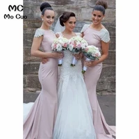 pink elegnat wedding party dress beaded bridesmaid dresses long short sleeve satin one shoulder bridesmaid dress