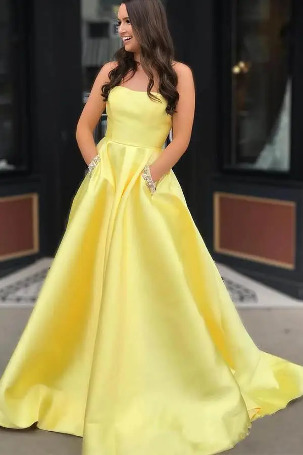 

Simple New Yellow Prom Dresses 2020 Strapless A-Line Floor length Satin Evening Gown Robe de soriee Vestido de festa