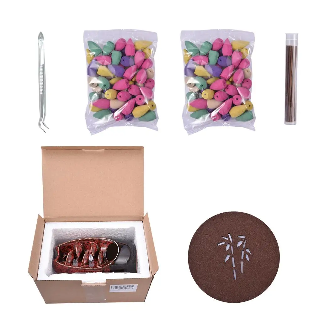 

Backflow Incense Holder Handmade Ceramic Incense Burner With 120pc Incense Cone Non-slip Mat For Yoga Meditation Room Decor