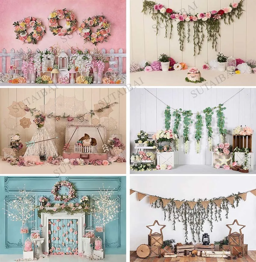 

Flowers Green Leaves Wild Tent Baby Birthday Newborn Photography Backdrop Photographic Backgrounds for Photo Studio