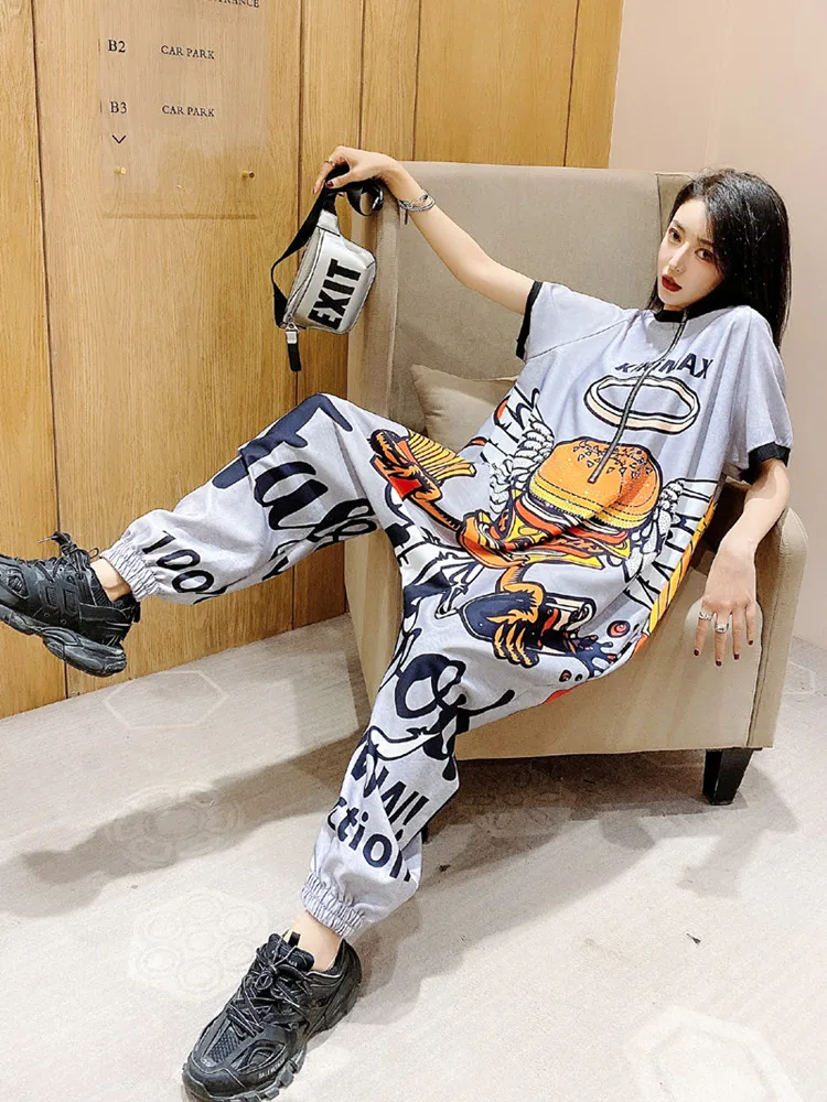 Tide brand summer large size personality cartoon printed rhinestone jumpsuit loose was thin short sleeve jumpsuit Harlan pants