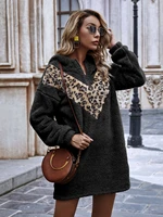 winter women loose long hoodie casual dress two tone leopard print teddy hoodie dress for women above knee length