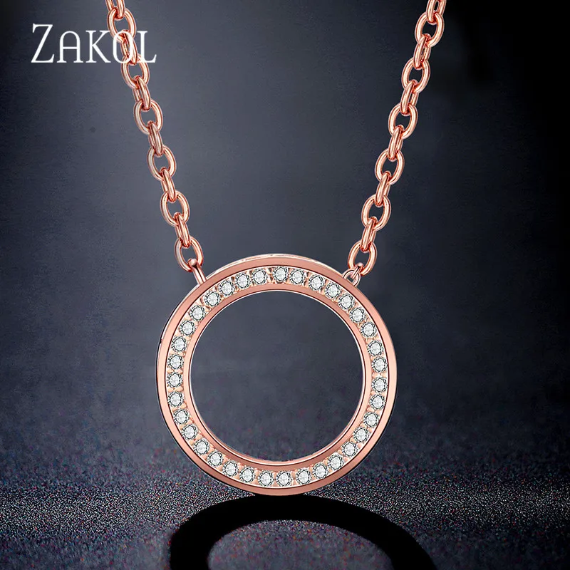Rose Necklace ZAKOL Лидер продаж розовый круг цвет золотой циркония Кристалл Модные серьги ожерелье набор для элегантных женщин Свадебные украшения FSSP3016 - Окраска металла: Rose Necklace