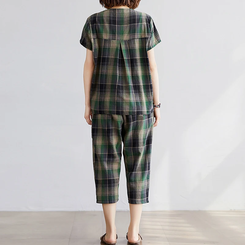 

IEQJ Wide Leg Pants Two Piece Suit Panelled Plaid New Round Neck Short Sleeve Red Loose Fit Women Fashion Tide Summer 2021 8P593